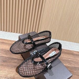 Alaia Black Mesh Mary Jane Flats with Patent Strap